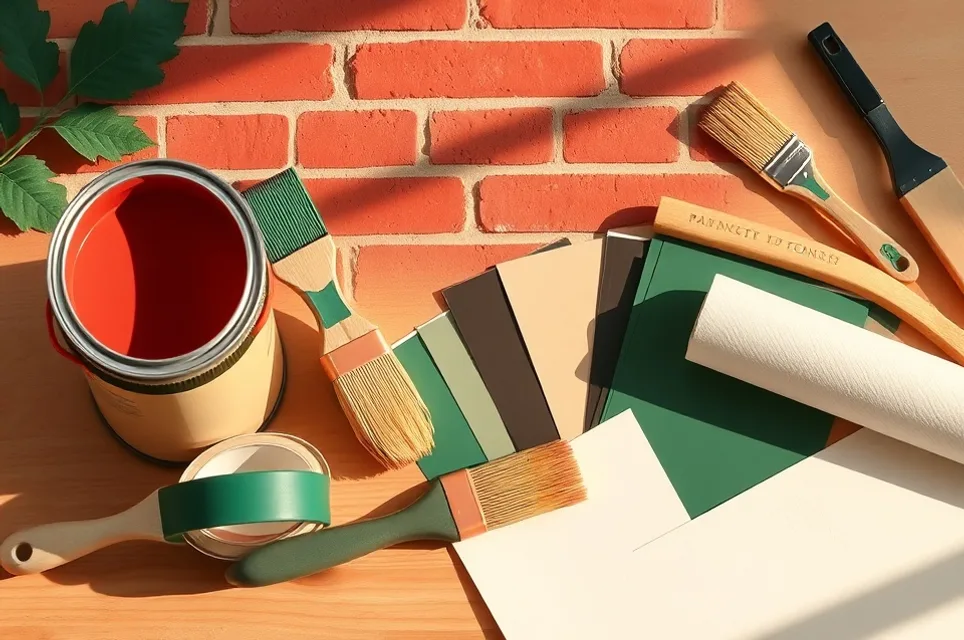 Pots de peinture, nuancier, brosses et rouleaux disposés à plat