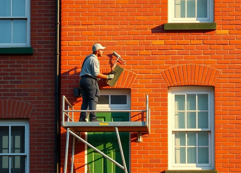 Peintre sur échafaudage traitant la façade d'une maison